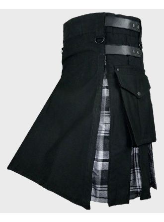 Black Cotton With Black Watch Tartan Hybrid Kilt for Men