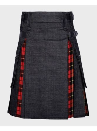 Black Denim Hybrid Kilt With Wallace Tartan
