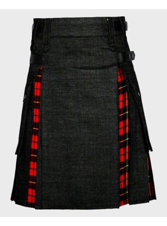 Black Denim & Wallace Tartan Hybrid Utility Kilt