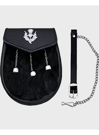 Black Rabbit Fur Kilt Sporran With 3 Tassles & Chain
