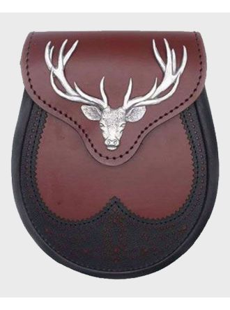 Black Stag Head Ox Blood Leather Sporran With Chain