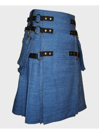 Blue Denim Stylish Cargo Utility Kilt