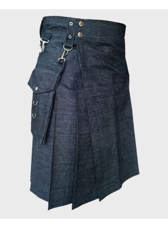 Blue Indigo Denim Kilt With Detachable Pockets,,
