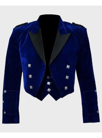 Blue Velvet Scottish Prince Charlie Kilt Jacket & Waistcoat Set,Blue Velvet Jacket, Kilt Jacket
