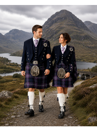 Navy Blue Prince Charlie Jacket with Tartan Kilt Outfit Package