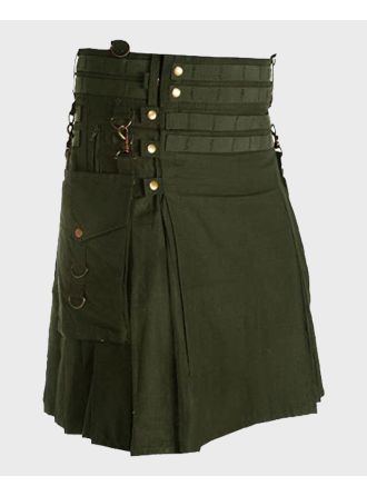 Deluxe Olive Green Utility Kilt with Detachable Pockets