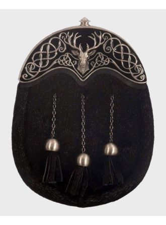 Full Dress Sealskin Matt Finish Cantle Black Enamel Stag Style Sporran with Chain