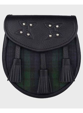 Genuine Black Leather with Black Watch Tartan Sporran,Black Sporran