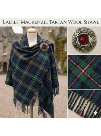 Mackenzie Tartan Wool Shawl with Celtic Brooch