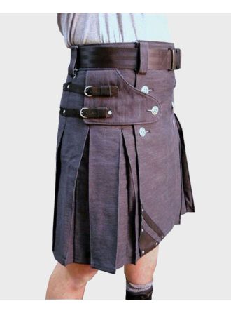 Leather Straps Denim Kilt