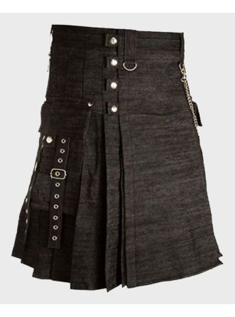 Men Gothic Black Denim Kilt With Cargo Pockets