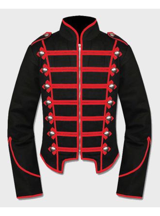 Men Gothic Black Red Military Drummer Jacket, Red Military Jacket
