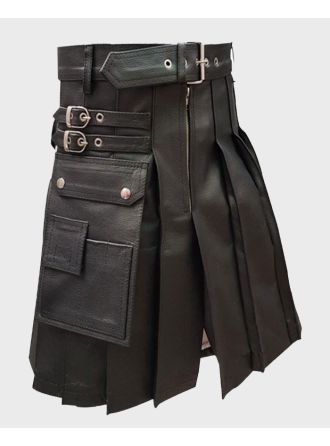 Men Pure Black Leather Gladiator Pleated Utility Larp Kilt