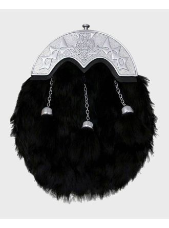 Premium Black Rabbit Fur Kilt Sporran Celtic Chrome Cantle