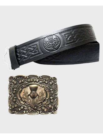 Premium Thistle Embossed Leather Kilt Belt With Thistle Buckle