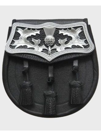 Pure Black Leather Large Thistle Plate Sporran With Free Chain