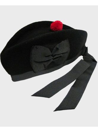 Pure Wool Black Scottish Hat With Red Pom