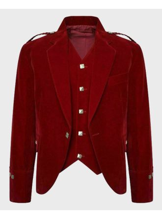 Red Velvet Highland Wedding Argyle Jacket & Waistcoat Set,Red Velvet Jacket,Kilt Jacket