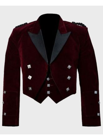 Scottish Red Velvet Prince Charlie Kilt Jacket With Vest Set,Red Velvet Jacket,Scottish Jacket