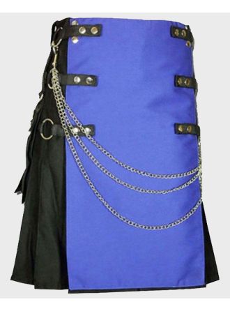 Stylish Black & Blue Hybrid Kilt With Silver Chain