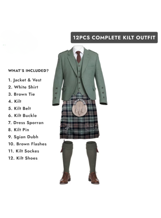 Scottish Wedding Kilt Outfit 12pcs Lovat Green Jacket Men’s Kilt Set