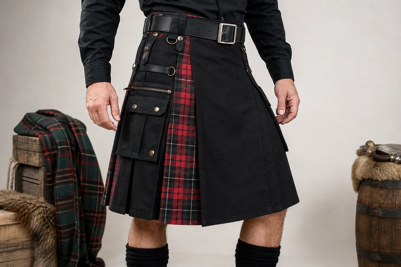 Hybrid kilt combining tartan panels and black utility fabric