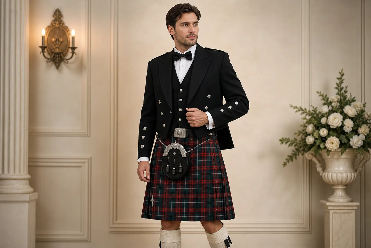 Complete formal Highland kilt outfit with jacket and sporran