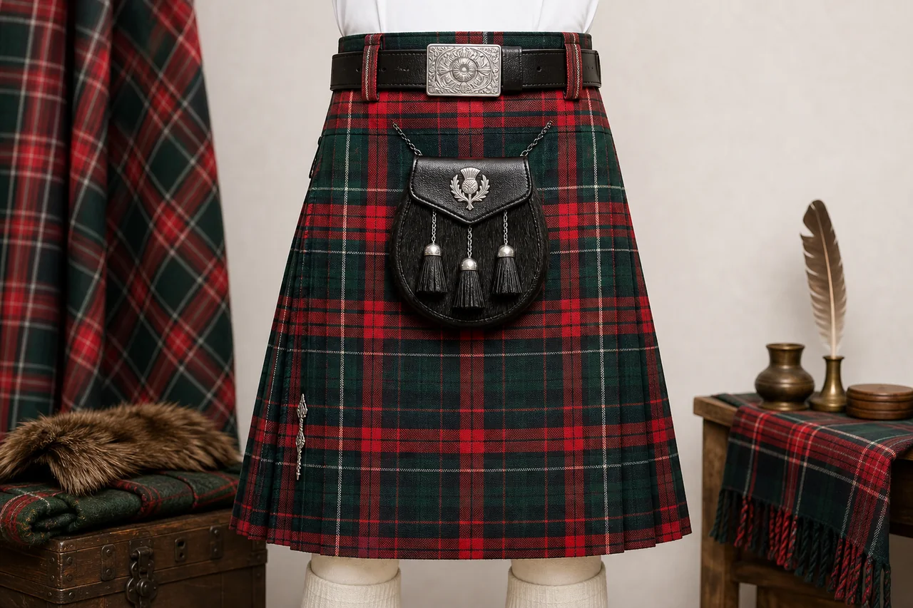 Traditional red and green tartan Scottish kilt