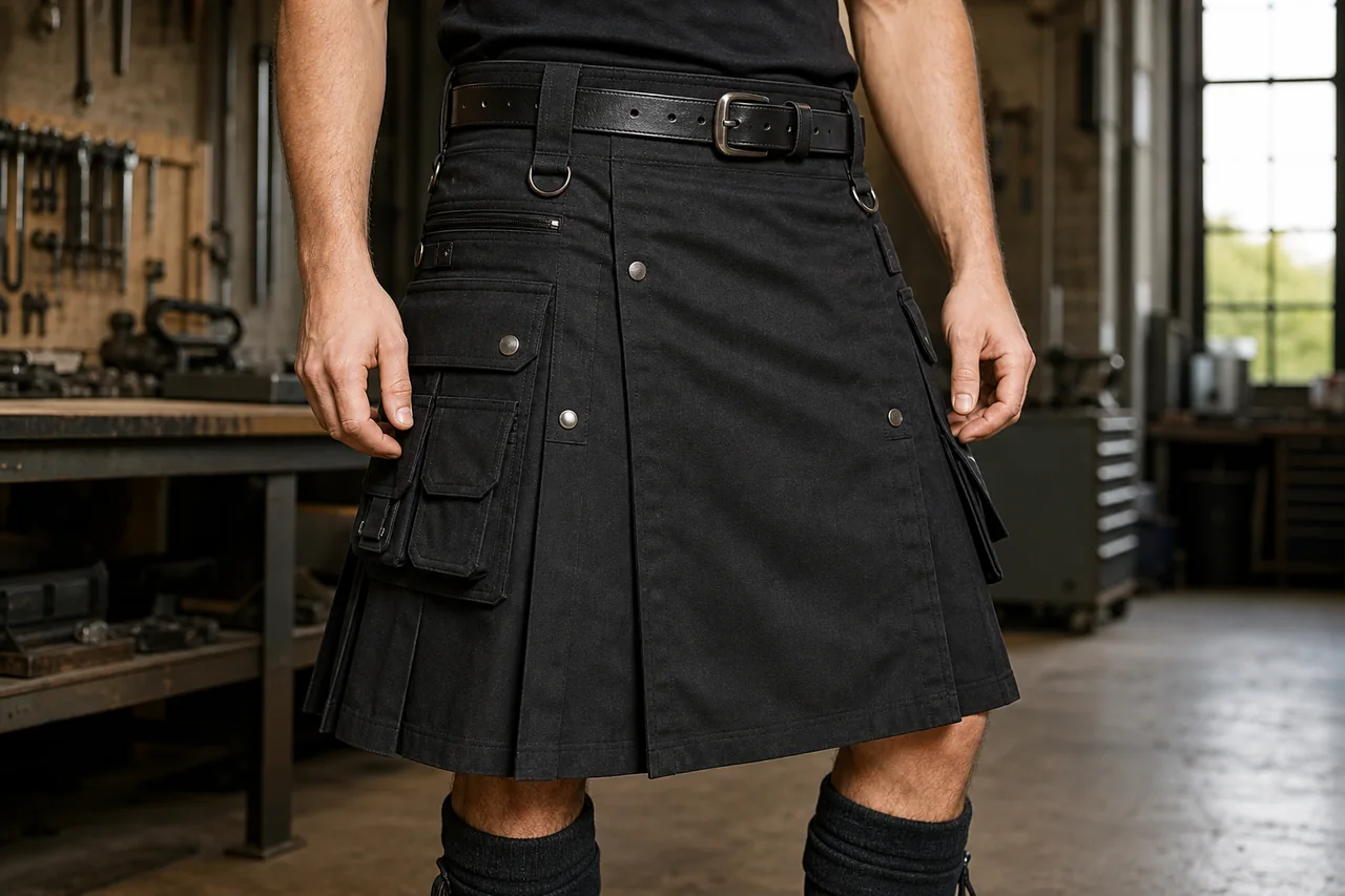 Modern black utility kilt with cargo pockets