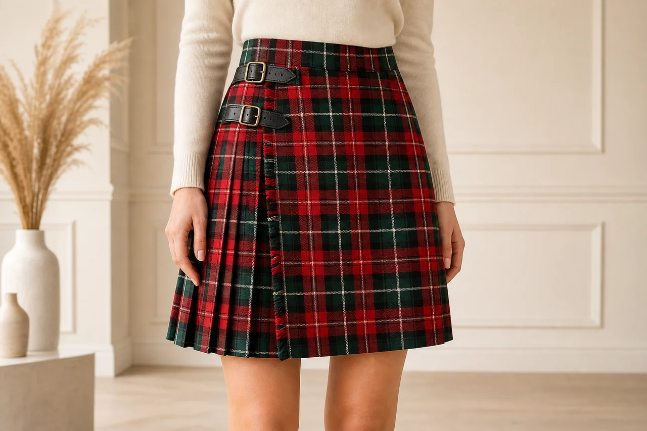 Women's tartan kilt skirt in red and green fabric